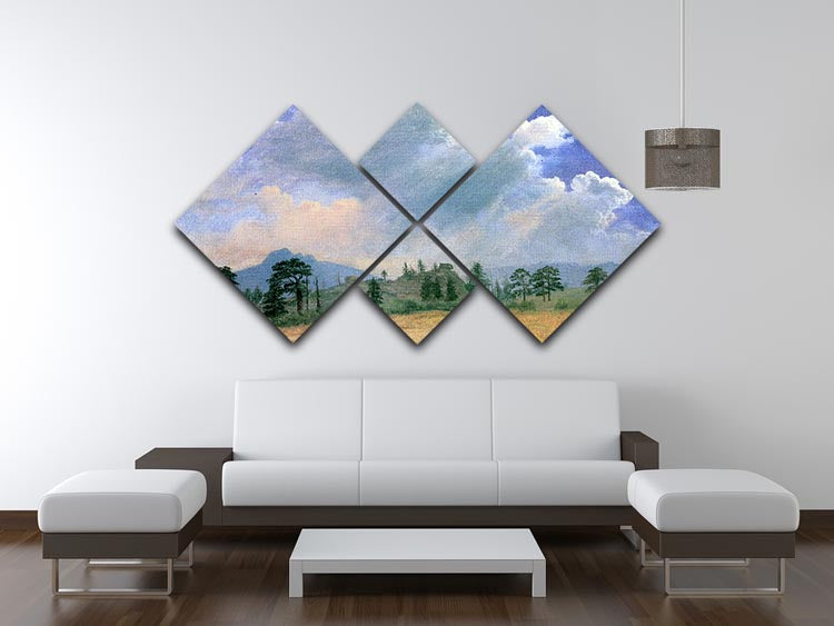 A beautiful 4-square multi-panel canvas artwork depicting fir trees and storm clouds, inspired by Bierstadt's landscape painting.